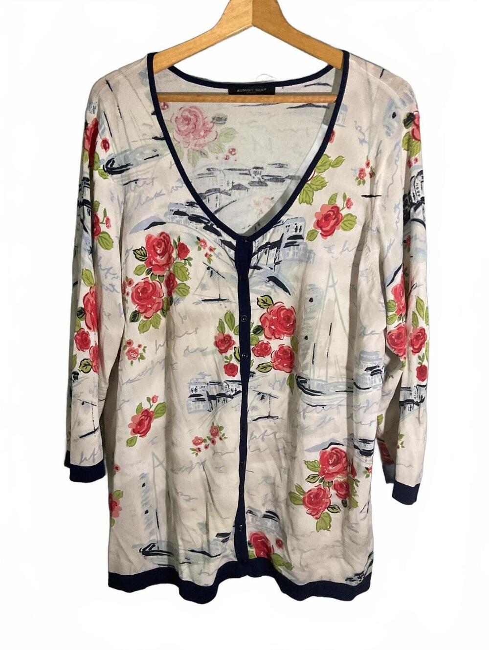 August Silk Women's Floral Print Cardigan Sweater 1X Nautical Coastal